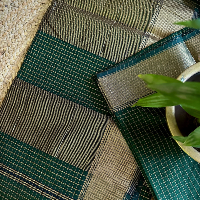 Maheshwari Chutney Green Zari Checkered Sarees