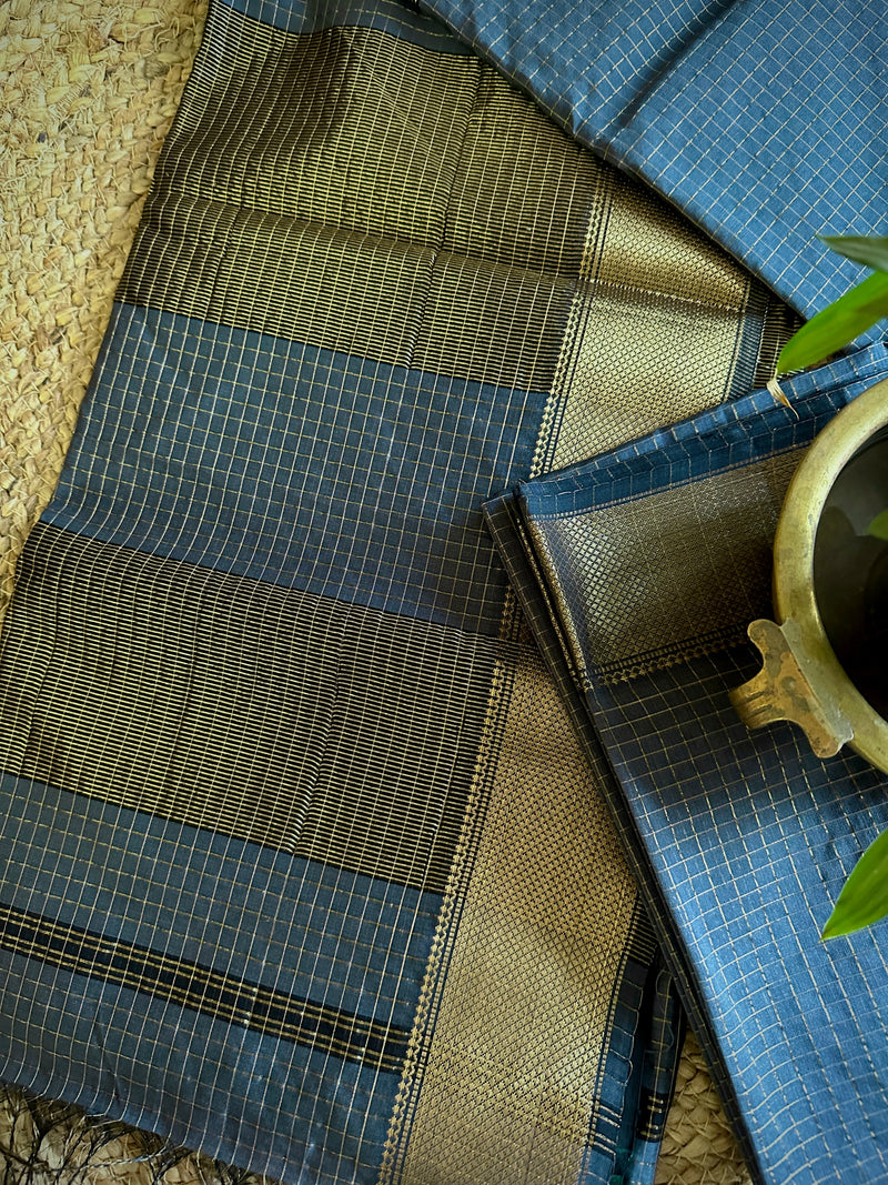 Maheshwari Ink Blue Zari Checkered Sarees
