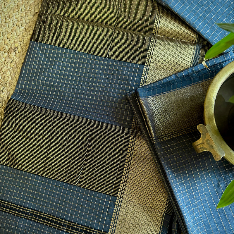 Maheshwari Ink Blue Zari Checkered Sarees