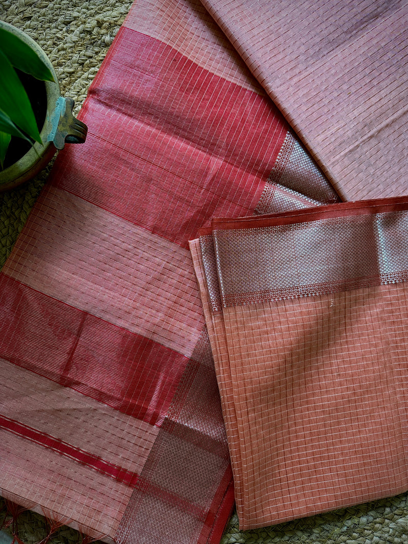 Maheshwari Peach ~ Silver Zari Checkered Silk Saree