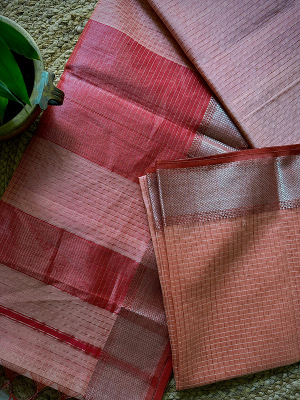 Maheshwari Peach ~ Silver Zari Checkered Silk Saree
