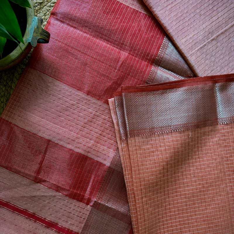 Maheshwari Peach ~ Silver Zari Checkered Silk Saree