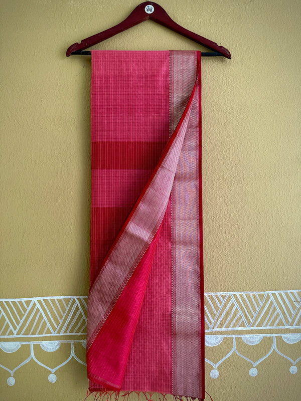 Maheshwari Pink ~ Silver Zari Checkered Silk Saree