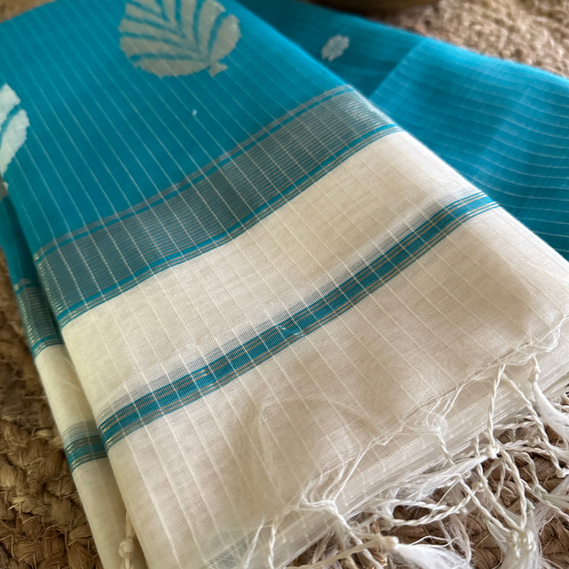 Maheshwari Firozi Blue-White Katan Motifs Top Dupatta Sets KBS04