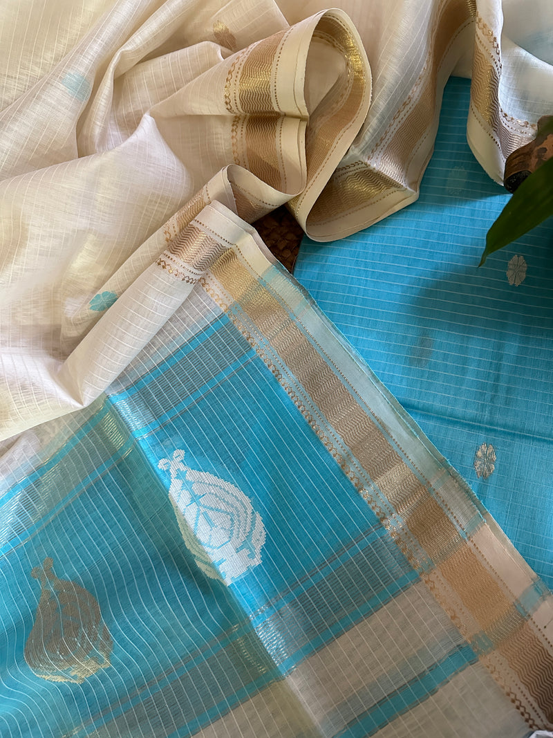Maheshwari Sky Blue - White Motifs Top Dupatta Sets