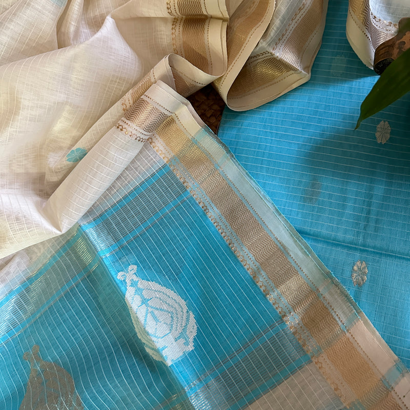 Maheshwari Sky Blue - White Motifs Top Dupatta Sets