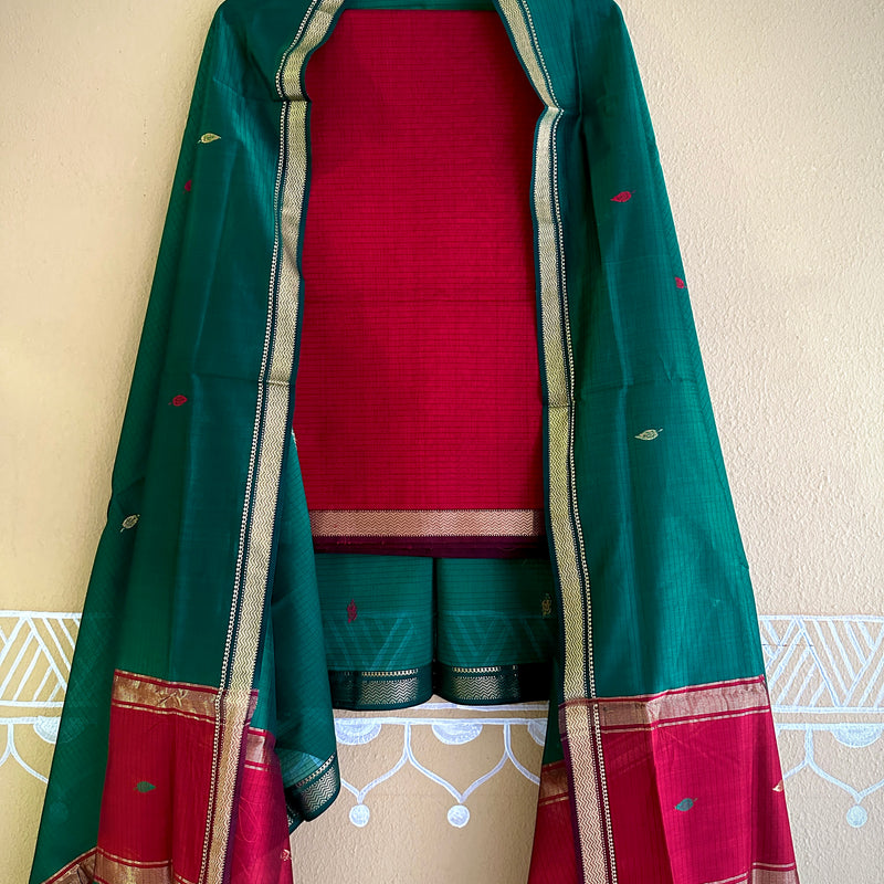 Maheshwari Rama Green - Maroon Motifs Top Dupatta Sets
