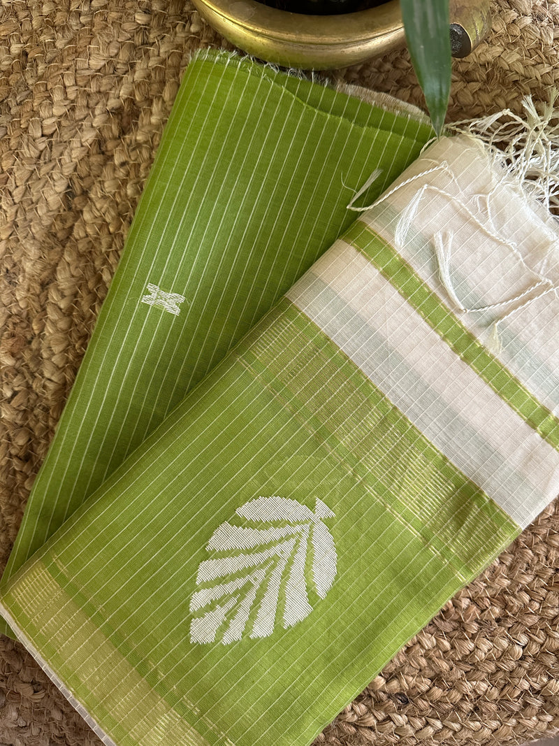 Maheshwari Parrot Green-White Katan Motifs Top Dupatta Sets KBS02