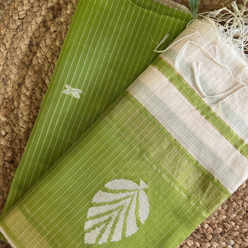 Maheshwari Parrot Green-White Katan Motifs Top Dupatta Sets KBS02