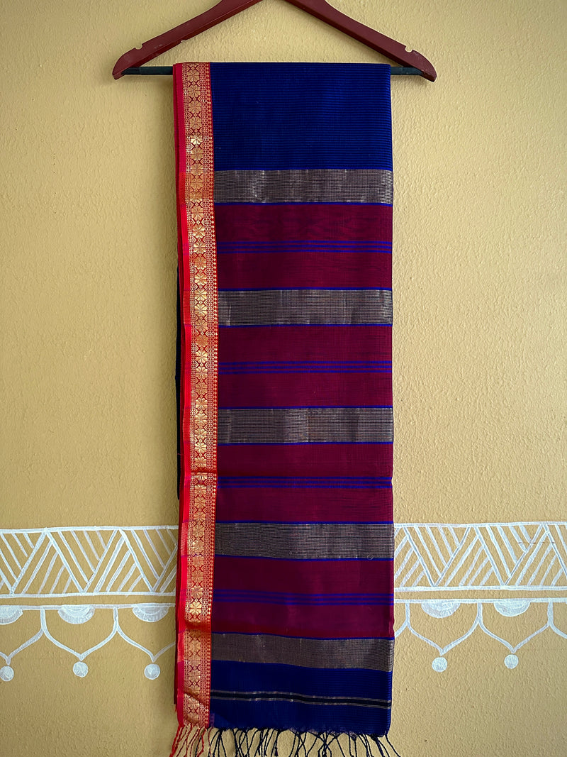 Maheshwari Blue Red Garbha Reshami Silk Saree GS01