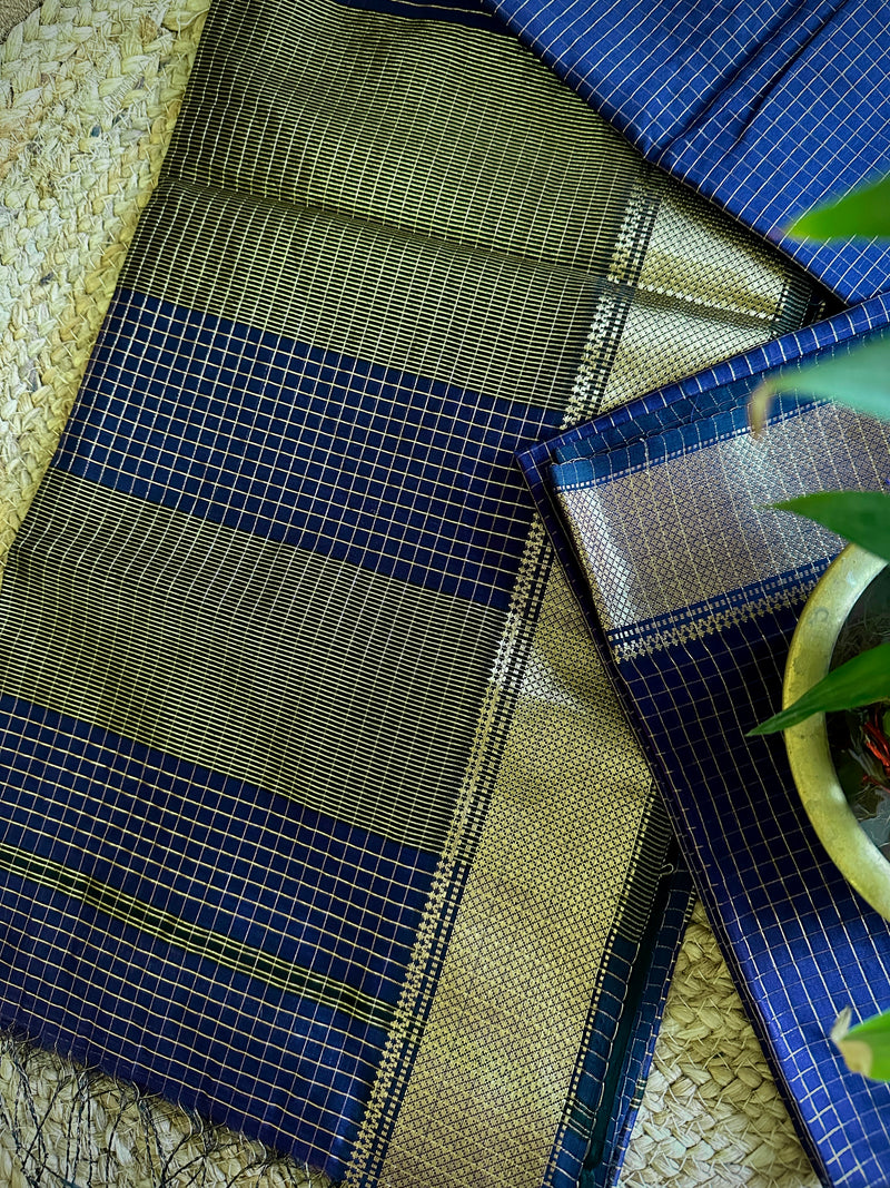 Maheshwari Purple Blue Zari Checkered Sarees
