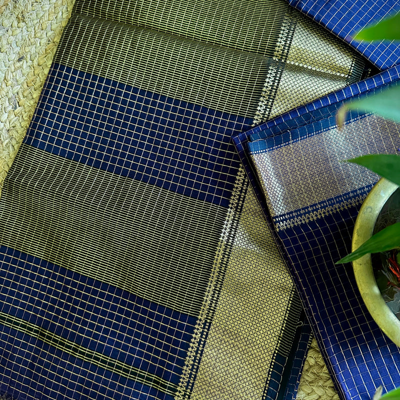 Maheshwari Purple Blue Zari Checkered Sarees