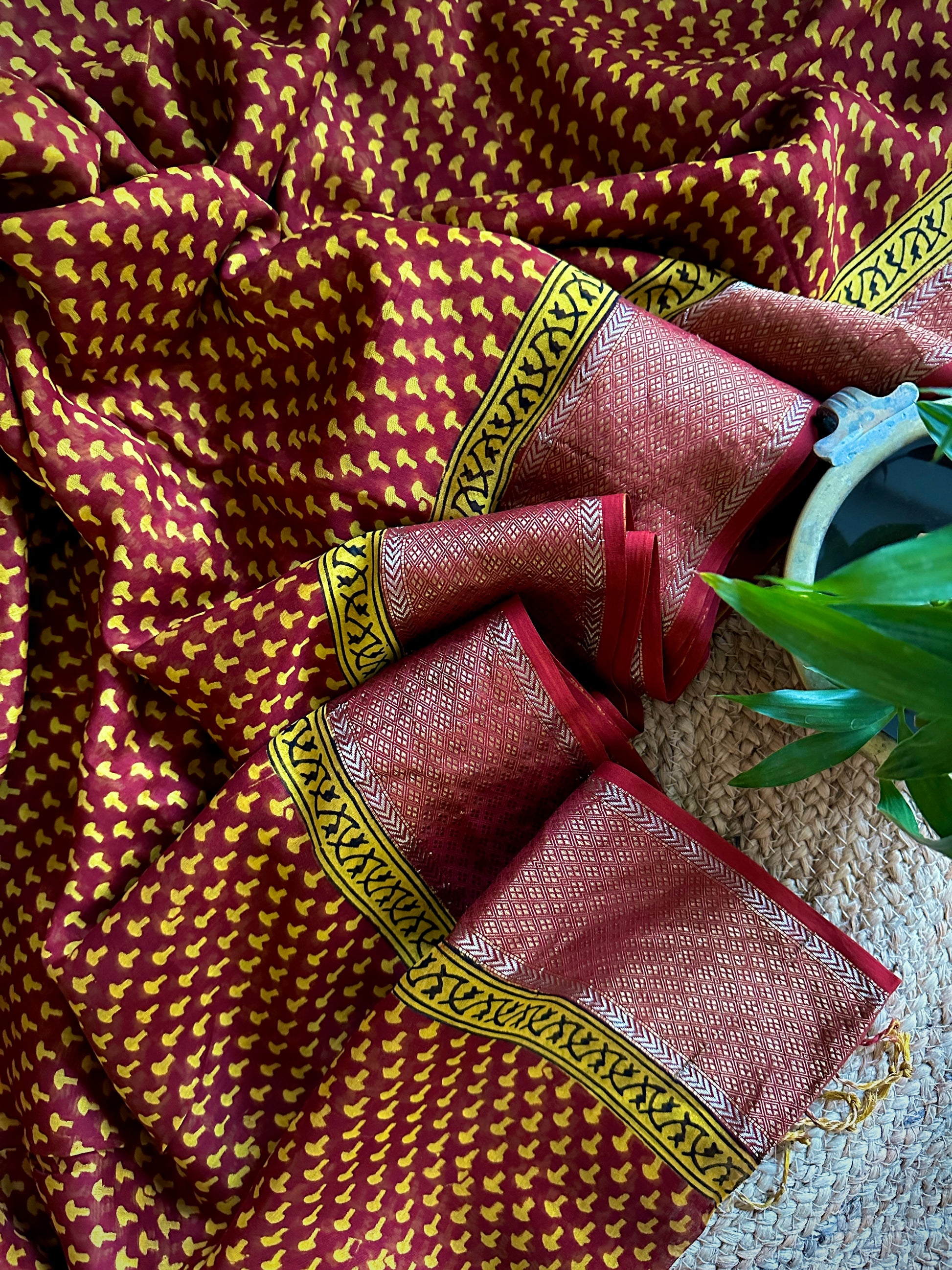 Maheshwari Yellow Red Bagh Print Sarees by Rewa