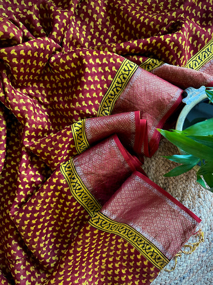 Maheshwari Yellow Red Bagh Print Sarees by Rewa