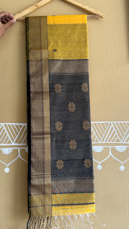 Yellow Black Flower Motifs ~ Maheshwari Saree
