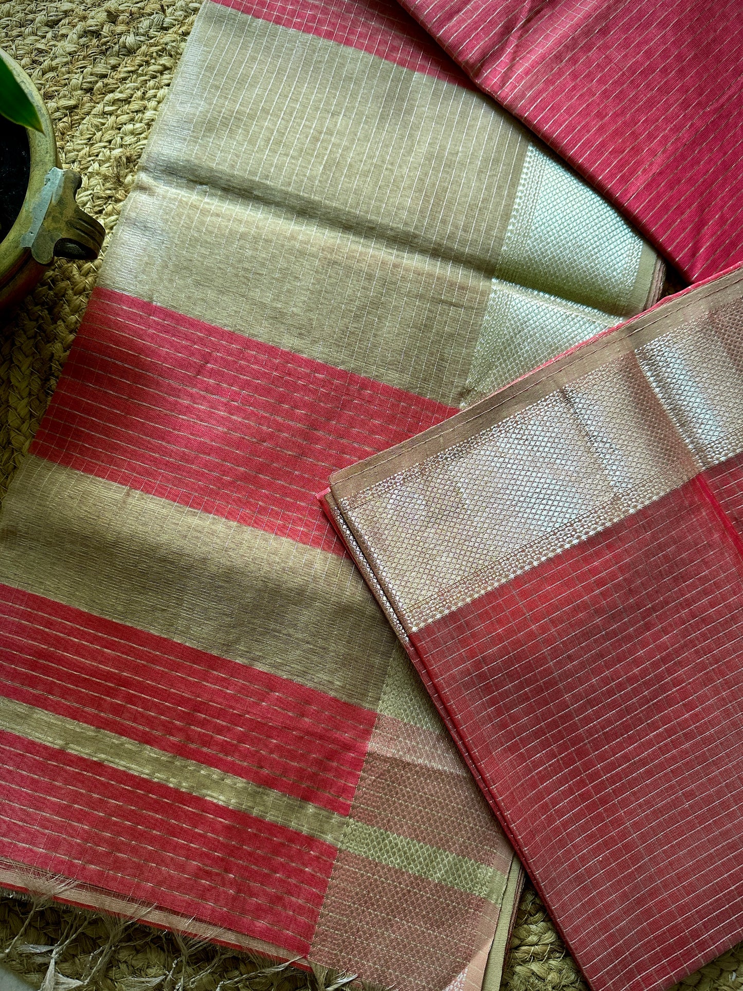 Maheshwari Fuchsia Pink  ~ Silver Zari Checkered Silk Saree