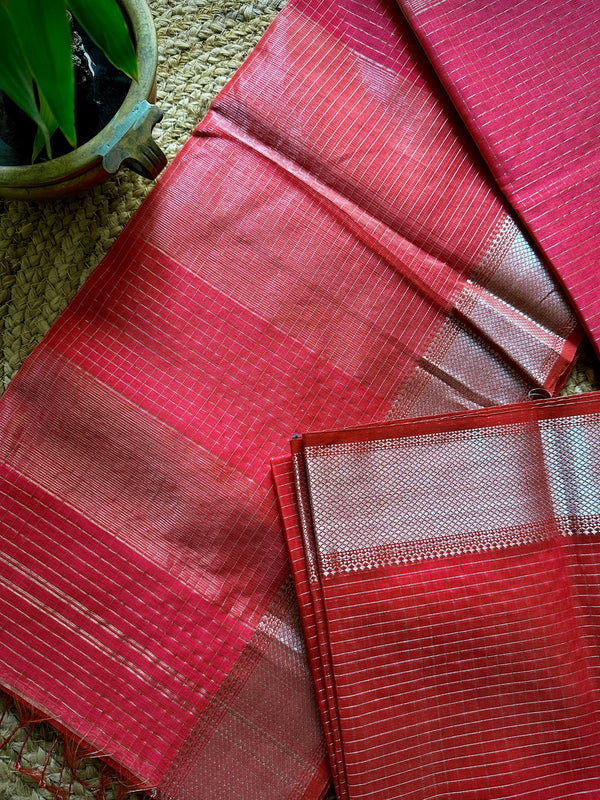 Maheshwari Rani Pink ~ Silver Zari Checkered Silk Saree