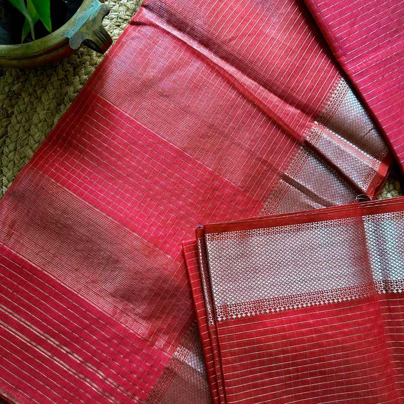 Maheshwari Rani Pink ~ Silver Zari Checkered Silk Saree