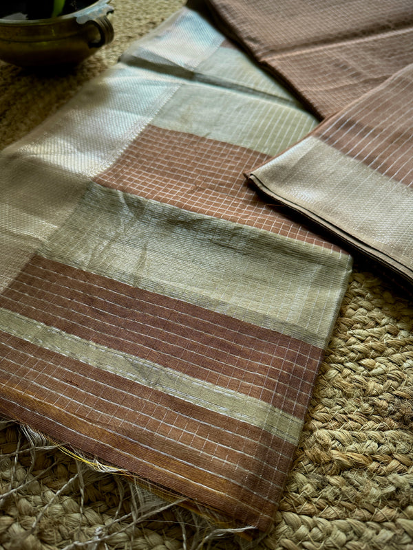 Maheshwari Brown ~ Silver Zari Checkered Silk Saree