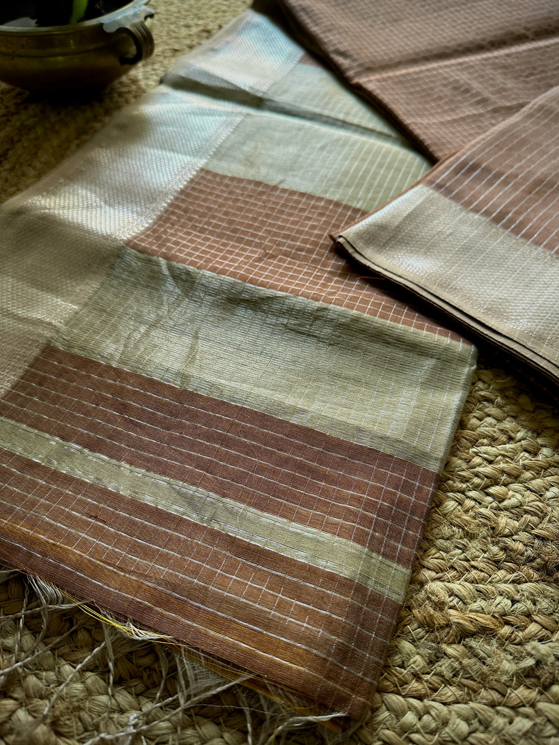 Maheshwari Brown ~ Silver Zari Checkered Silk Saree