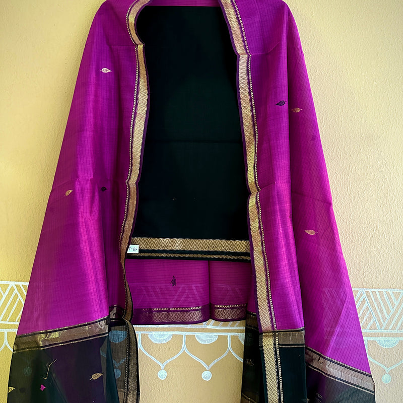 Maheshwari Magenta Black  Motifs Top Dupatta Sets