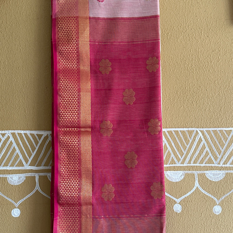 White Pink Flower Motifs ~ Maheshwari Saree