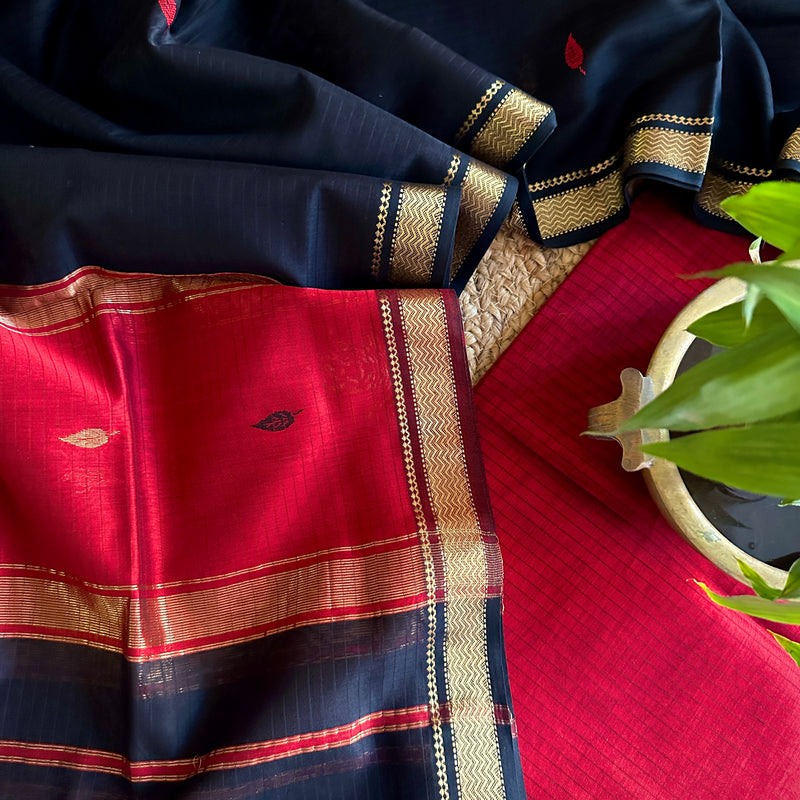 Maheshwari Red- Black Motifs Top Dupatta Sets PST04