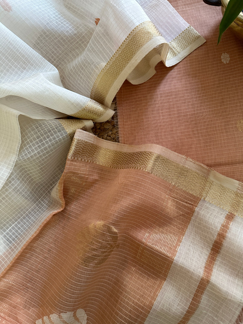 Maheshwari Peach Beige - White Katan Motifs Top Dupatta Sets