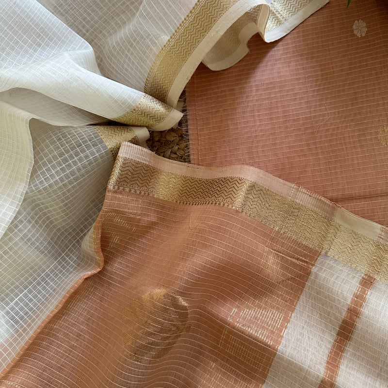 Maheshwari Peach Beige - White Katan Motifs Top Dupatta Sets