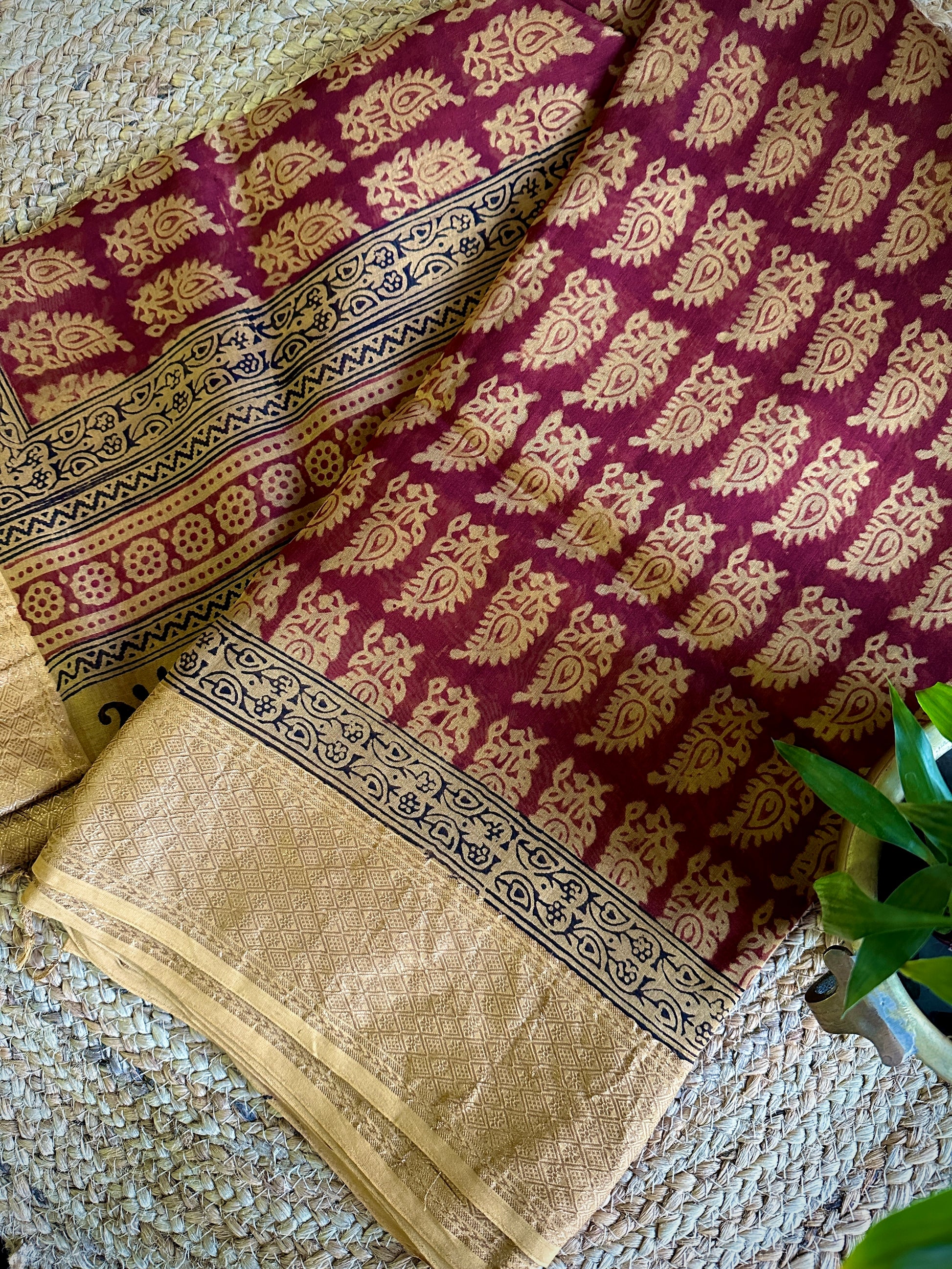 Maheshwari Red - Mustard Bagh Print Saree