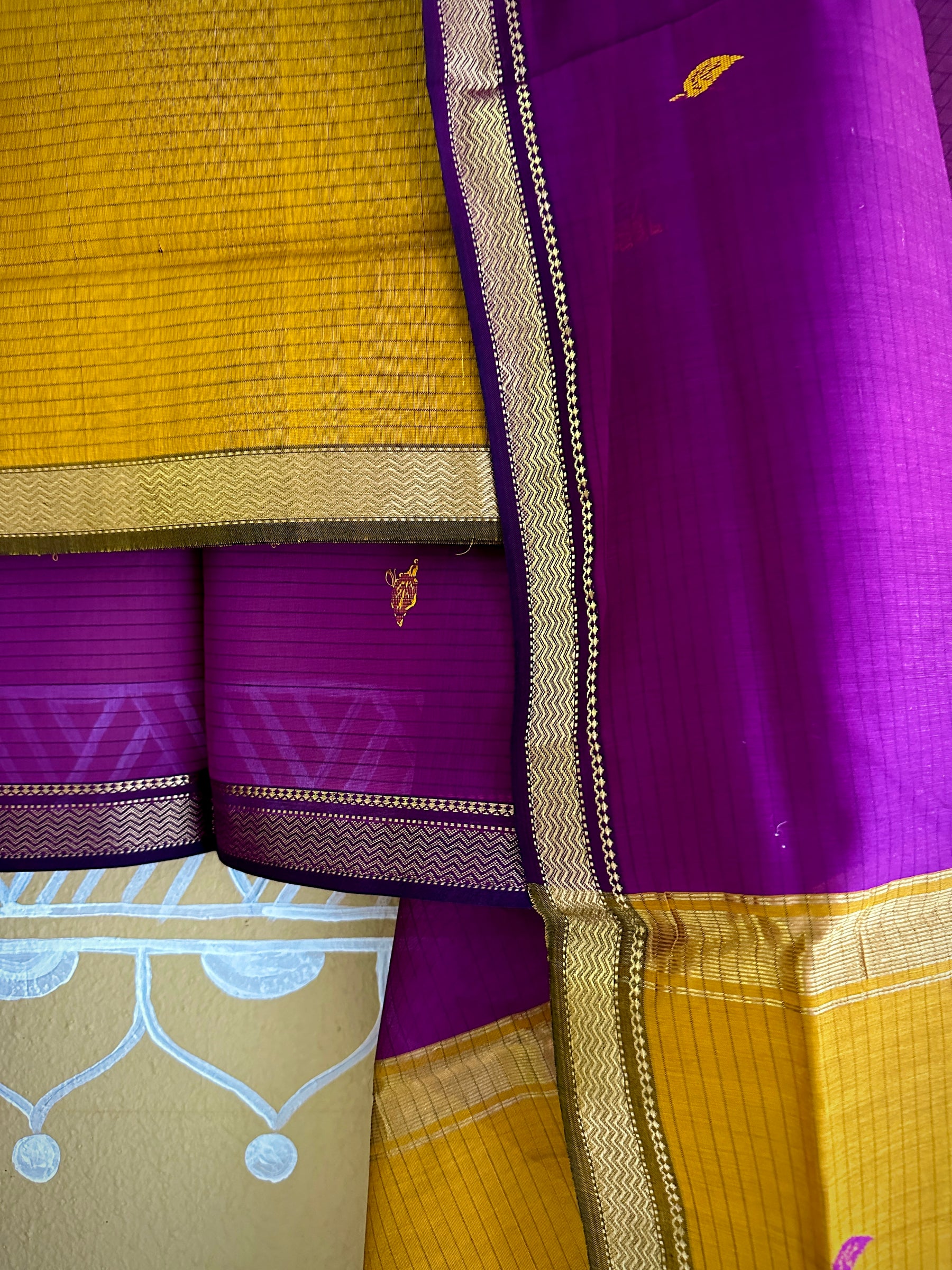 Maheshwari Mustard & Purple Motifs Top Dupatta Sets