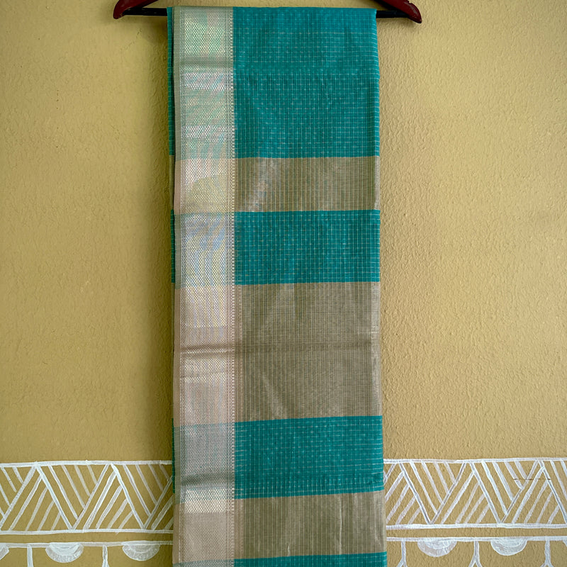 Maheshwari Teal Blue ~ Silver Zari Checkered Silk Saree