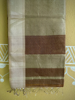 Maheshwari Brown ~ Silver Zari Checkered Silk Saree