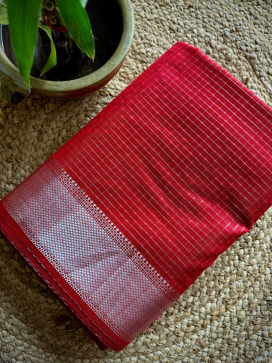 Maheshwari Silver Zari Checkered Silk Saree