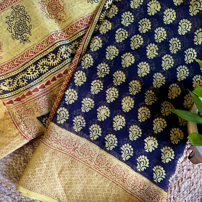 Maheshwari Black - Yellow Bagh Print Saree