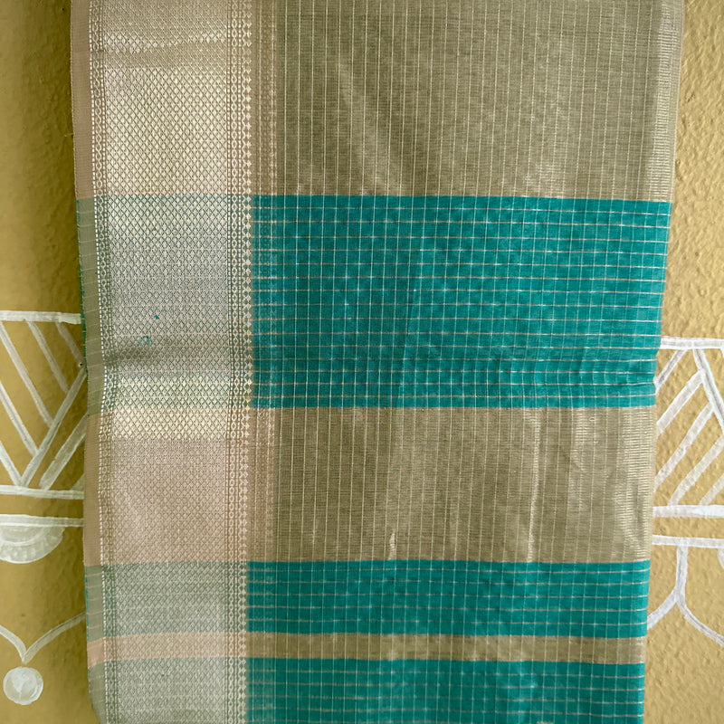 Maheshwari Teal Blue ~ Silver Zari Checkered Silk Saree
