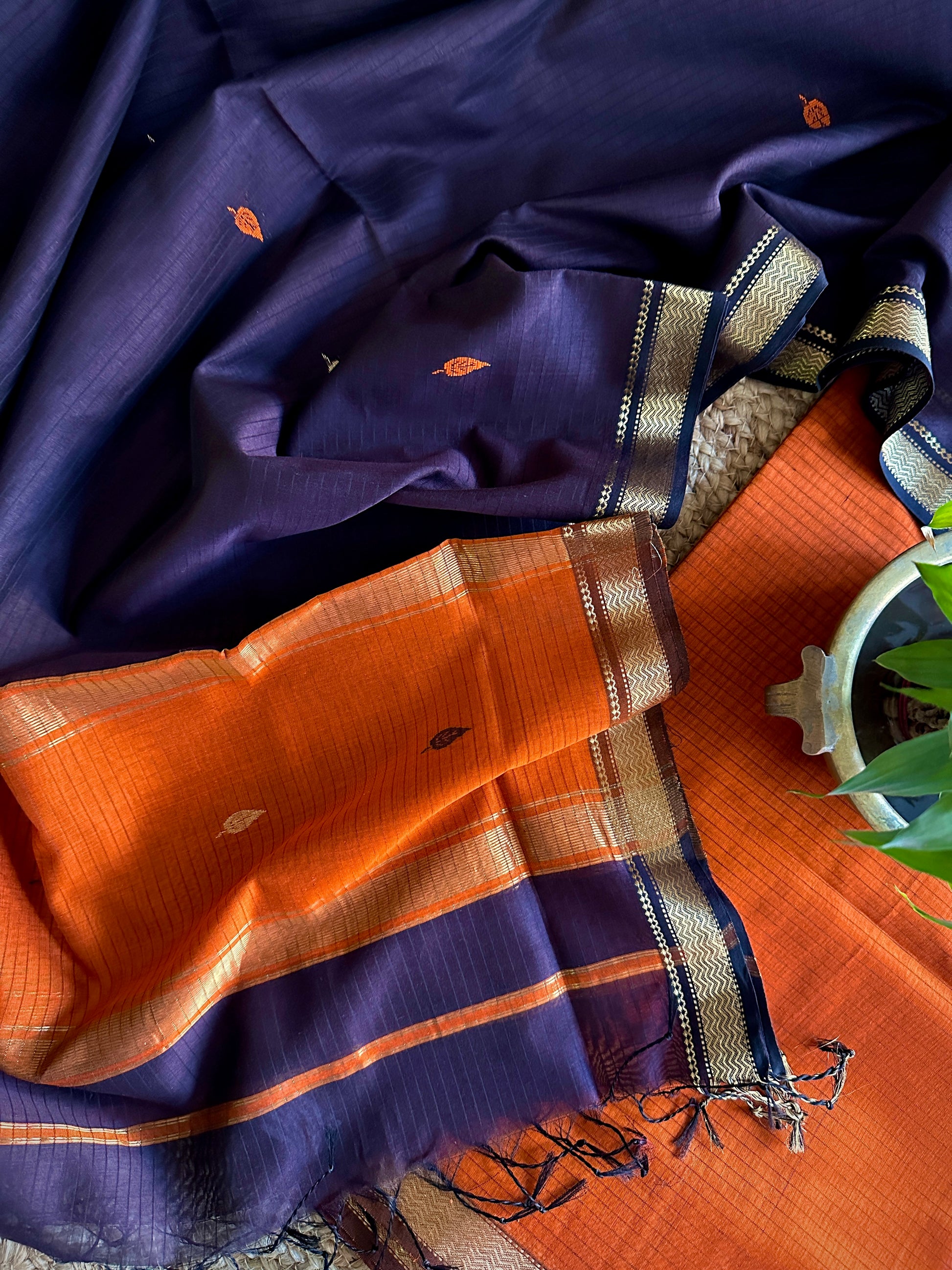 Maheshwari Orange & Black Motifs Top Dupatta Sets