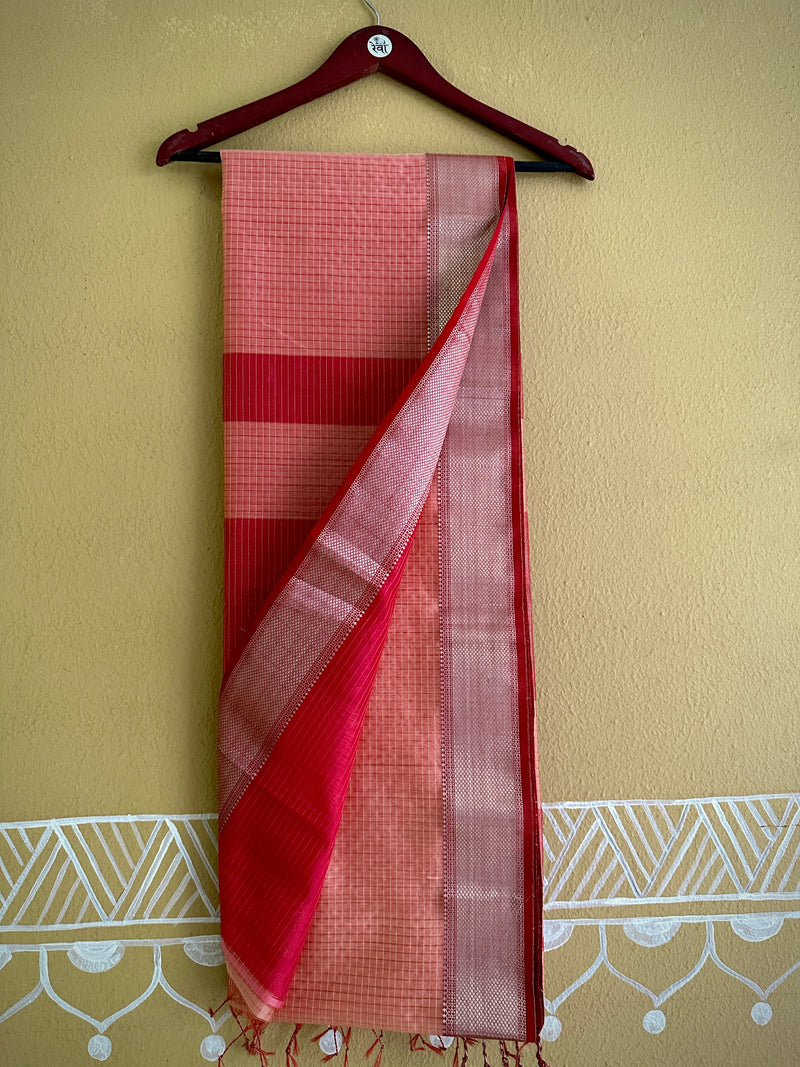 Maheshwari Peach ~ Silver Zari Checkered Silk Saree