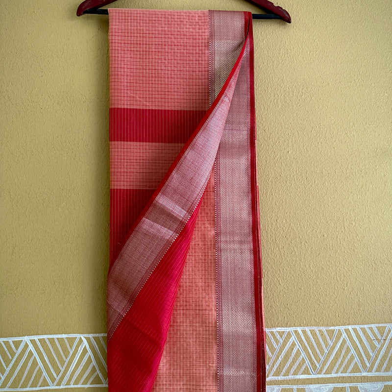 Maheshwari Peach ~ Silver Zari Checkered Silk Saree