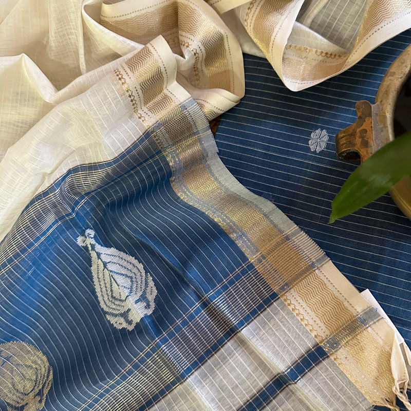 Maheshwari Ink Blue - White Motifs Top Dupatta Sets