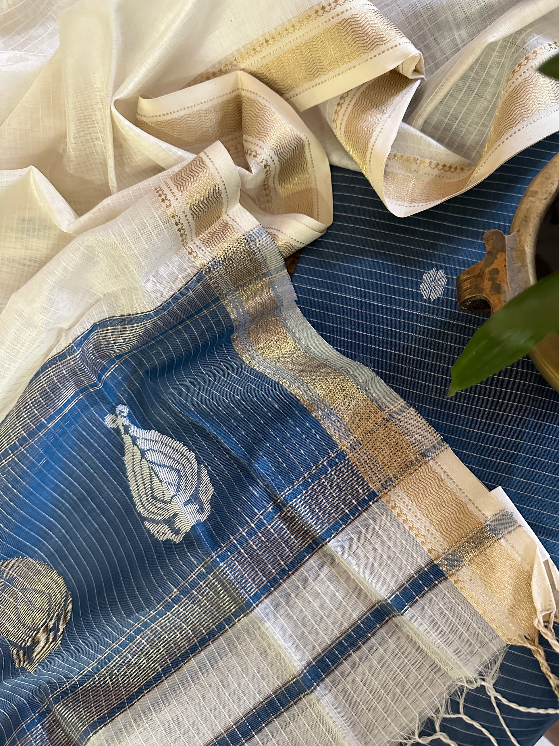 Maheshwari Ink Blue - White Motifs Top Dupatta Sets