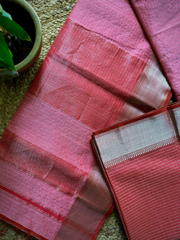Maheshwari Pink ~ Silver Zari Checkered Silk Saree