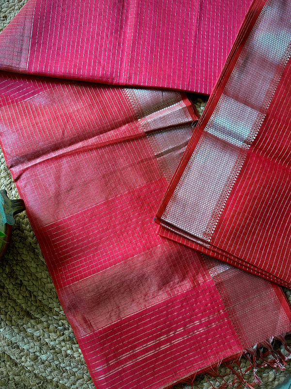 Maheshwari Rani Pink ~ Silver Zari Checkered Silk Saree