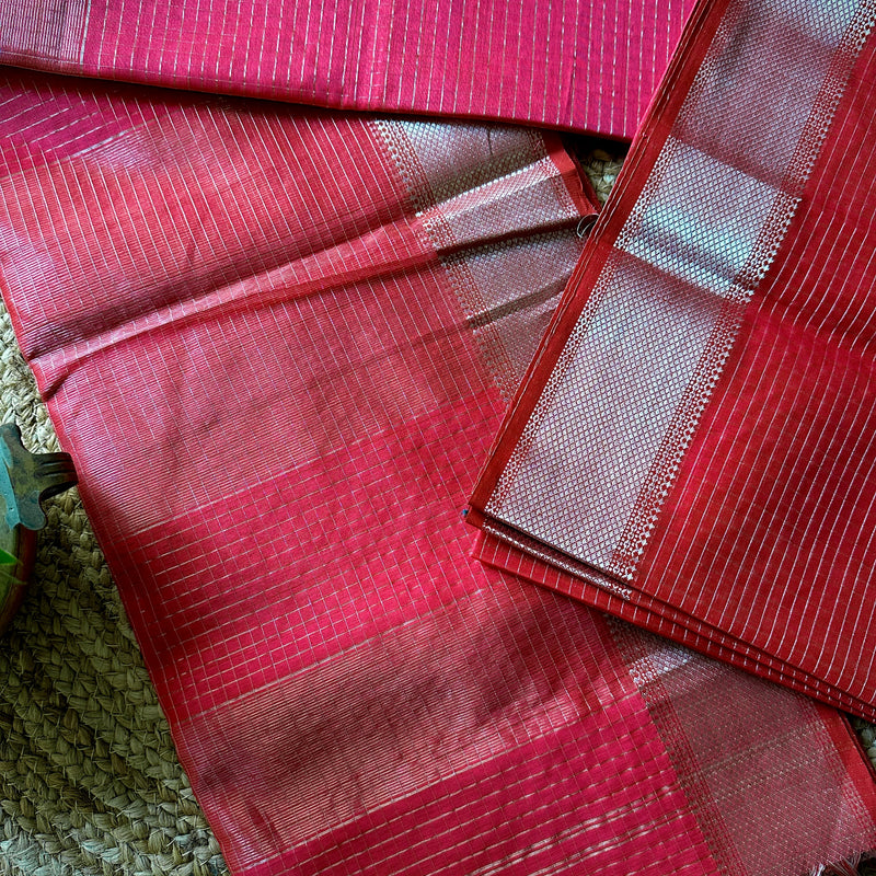 Maheshwari Rani Pink ~ Silver Zari Checkered Silk Saree