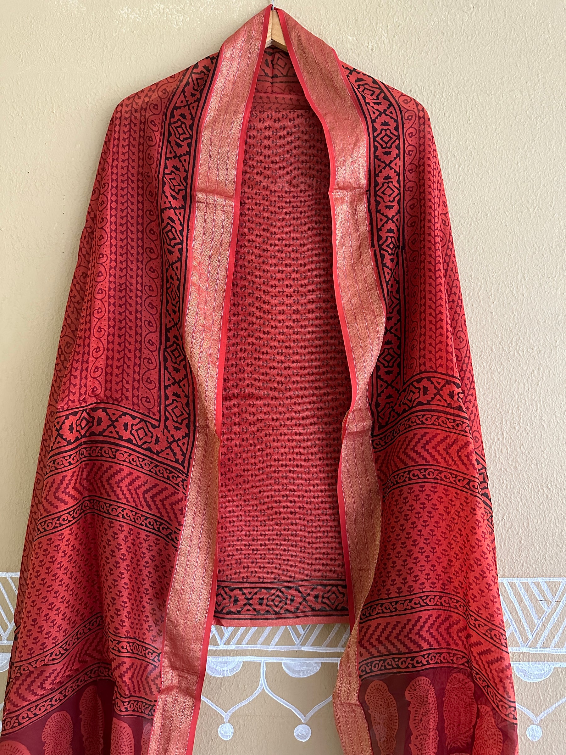 Maheshwari Tissue Rust Red Bagh Print Suit