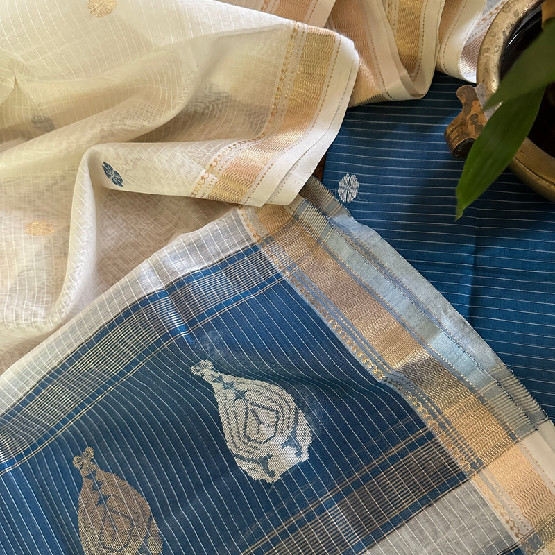 Maheshwari German Blue - White Motifs Top Dupatta Sets