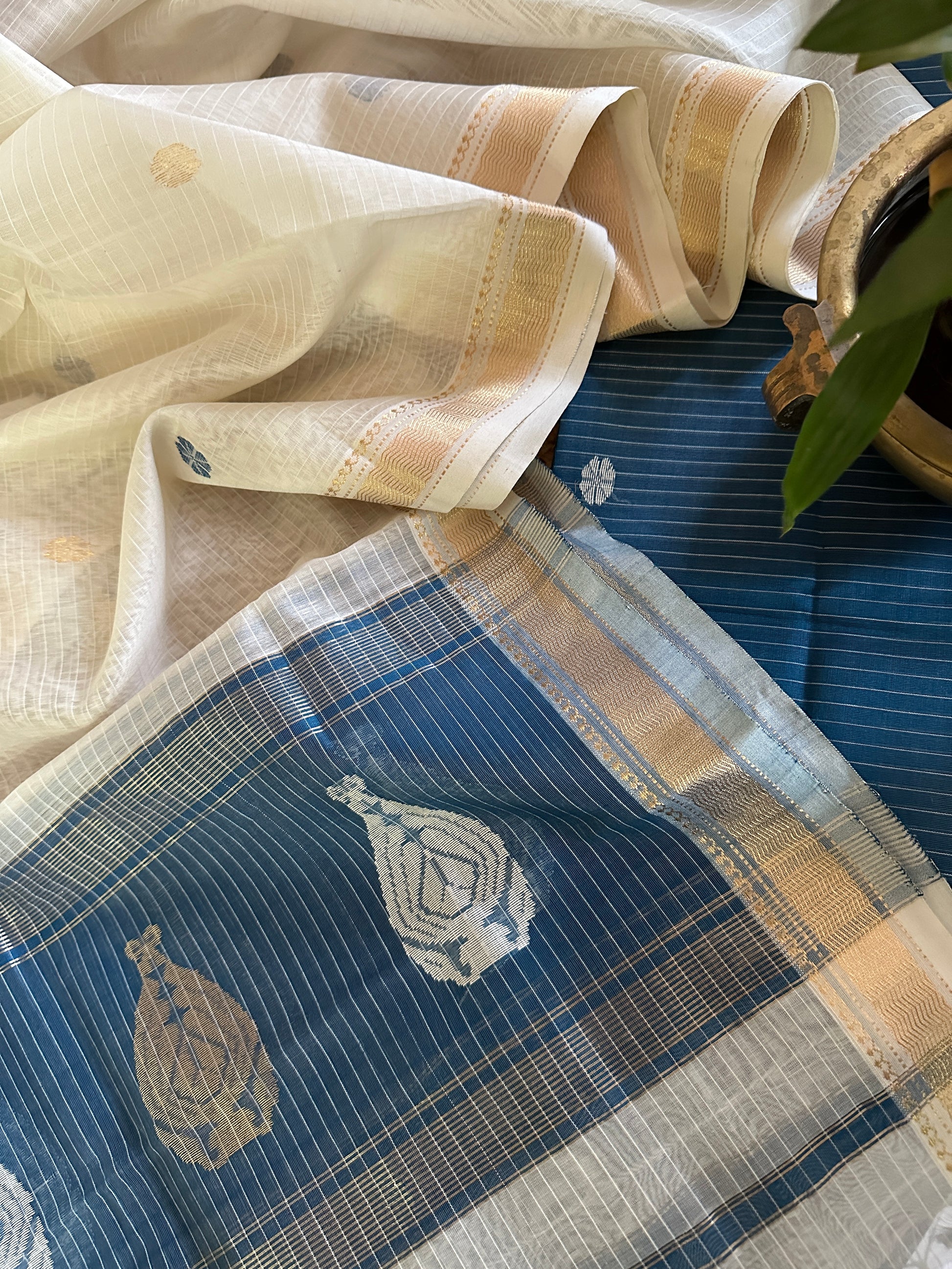 Maheshwari German Blue - White Motifs Top Dupatta Sets