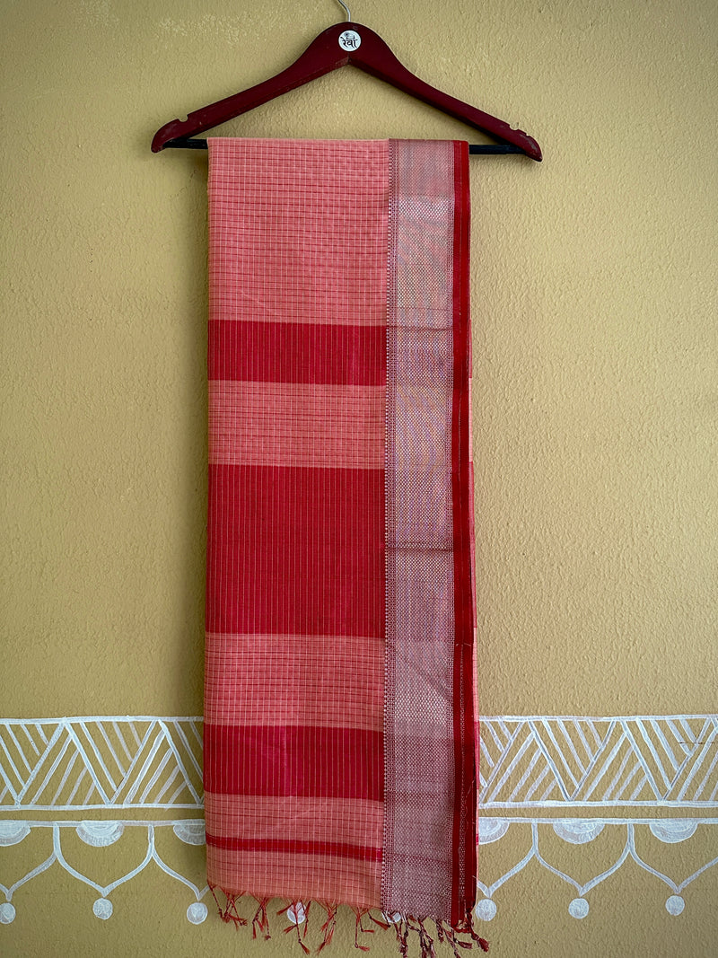Maheshwari Peach ~ Silver Zari Checkered Silk Saree