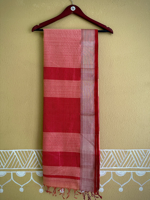 Maheshwari Peach ~ Silver Zari Checkered Silk Saree