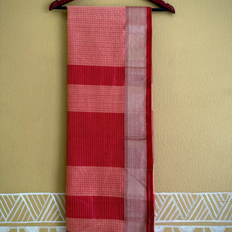 Maheshwari Peach ~ Silver Zari Checkered Silk Saree